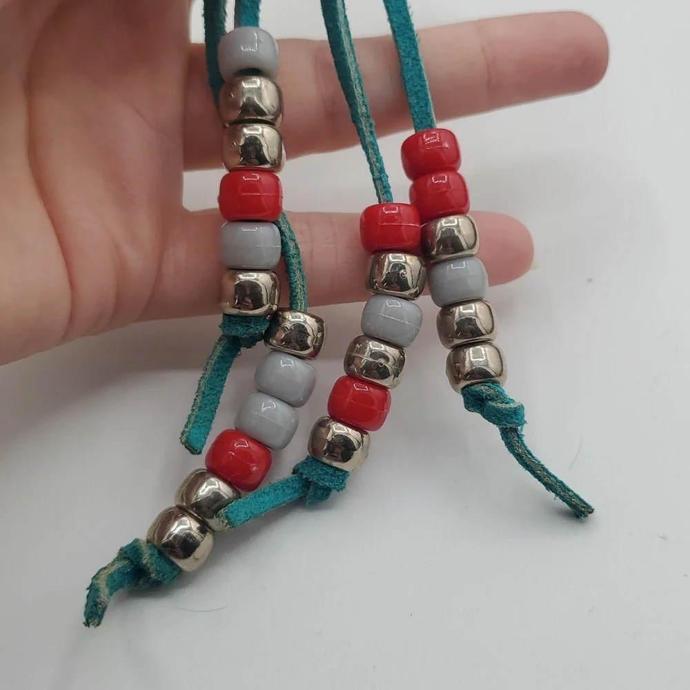 Tribal Teal and Red Beaded Brooch with Silver Tone Accents 7 Inch B443